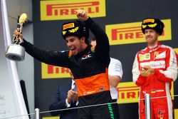 Sergio Perez, Sahara Force India F1 celebrates his third position on the podium