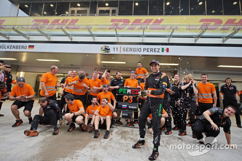 The Sahara Force India F1 Team celebrate third position for Sergio Perez, Sahara Force India F1 The Sahara Force India F1 Team celebrate third position for Sergio Perez, Sahara Force India F1