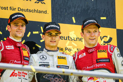 Championship podium: 2015 champion Pascal Wehrlein, HWA AG Mercedes-AMG C63 DTM, second place Jamie Green, Audi Sport Team Rosberg Audi RS 5 DTM, third place Mattias Ekström, Audi Sport Team Abt Sportsline, Audi A5 DTM