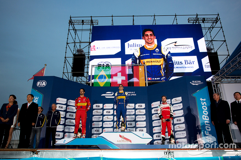 Podium: winner Sébastien Buemi, Renault e.Dams, second place Lucas di Grassi, ABT Schaeffler Audi Sport, third place Nick Heidfeld, Mahindra Racing