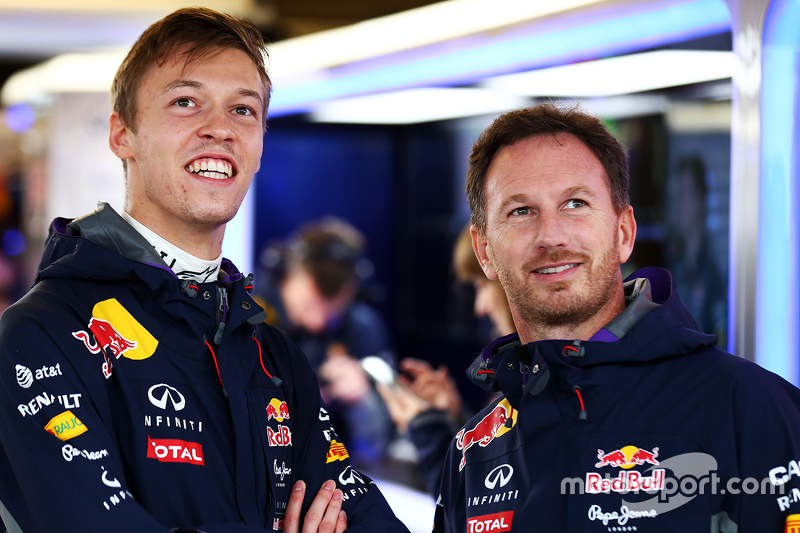 (L to R): Daniil Kvyat, Red Bull Racing with Christian Horner, Red Bull Racing Team Principal