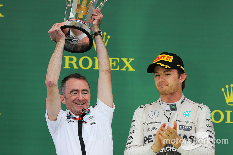 Podium: Paddy Lowe, Mercedes AMG F1 Executive Director celebrates on the podium with Nico Rosberg, Mercedes AMG F1