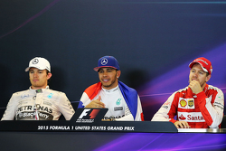 The post race FIA Press Conference second place Nico Rosberg, Mercedes AMG F1, race winner and World Champion Lewis Hamilton, Mercedes AMG F1, and third place Sebastian Vettel, Ferrari