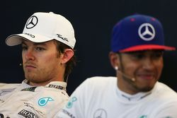 Second place Nico Rosberg, Mercedes AMG F1 and race winner and World Champion Lewis Hamilton, Mercedes AMG F1 in the FIA Press Conference