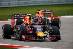 Daniil Kvyat, Red Bull Racing RB11 leads team mate Daniel Ricciardo, Red Bull Racing RB11