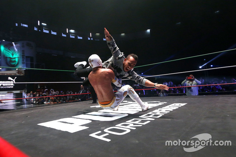 Lewis Hamilton participates in a Mexican Wrestling event in Mexico City