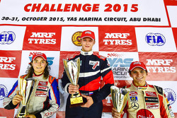 Race winner Nikita Troitskiy, second place Tatiana Calderon, third place Pietro Fittipaldi
