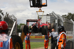 The Ferrari SF15-T of Kimi Raikkonen, Ferrari is removed from the circuit after he stopped in the third practice session