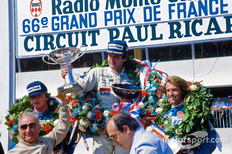 Podium: winner Alan Jones, Williams, second place Didier Pironi, third place Jacques Laffite