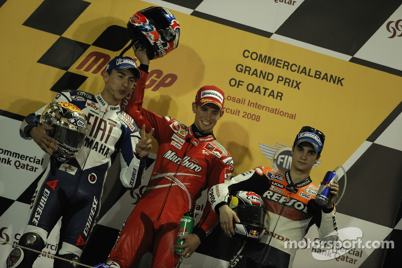 Podio: Casey Stoner, Jorge Lorenzo y Dani Pedrosa