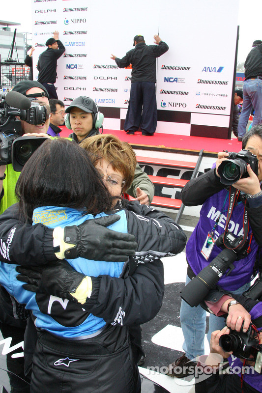 Race winner Danica Patrick celebrates