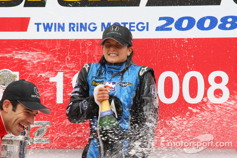 Podium: race winner Danica Patrick celebrates