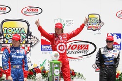 Victory lane: race winner Dan Wheldon, second place Hideki Mutoh, third place Marco Andretti