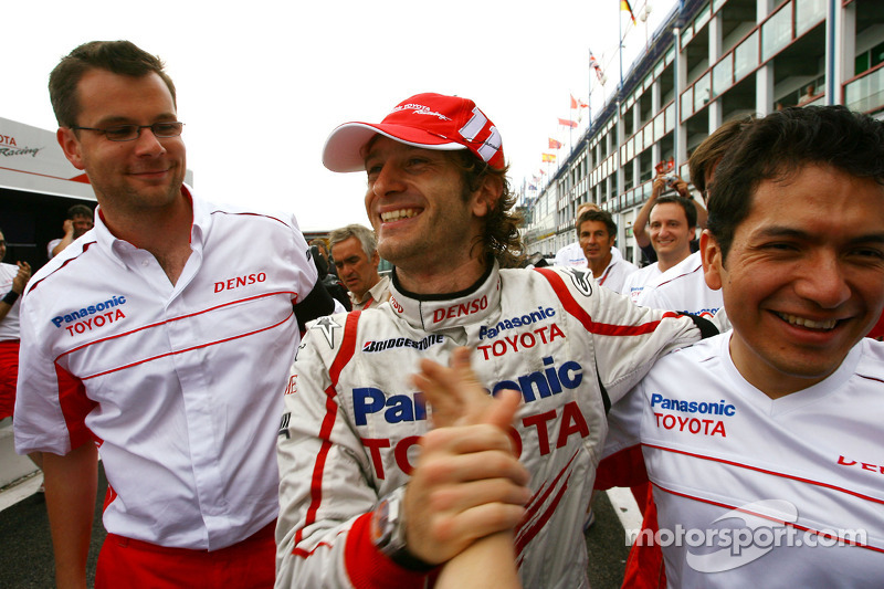 Jarno Trulli celebrates podium finish with Toyota F1 Team