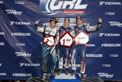 Podium: le vainqueur Joni Wiman, Olsbergs MSE Ford, le 2e Scott Speed, Andretti Autosport Volkswagen, et le 3e Sebastian Eriksson, Olsbergs MSE Ford