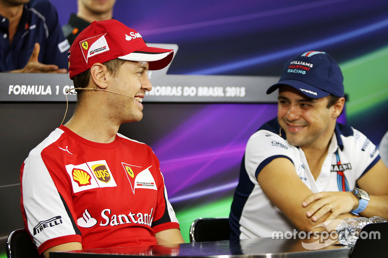 (L to R): Sebastian Vettel, Ferrari with Felipe Massa, Williams in the FIA Press Conference