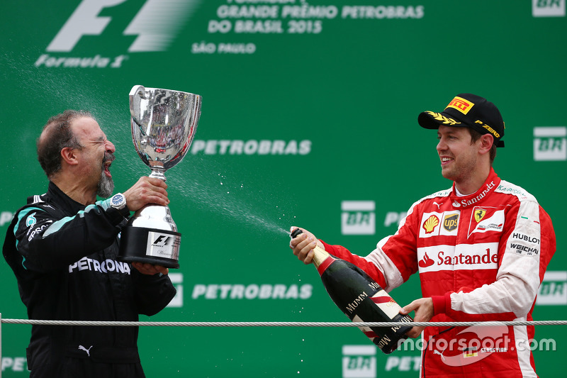 James Waddell, Mercedes AMG F1 with third place Sebastian Vettel, Ferrari SF15-T