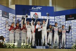 Podium: overall winners Romain Dumas, Neel Jani, Marc Lieb, Porsche Team, second place Marcel Fässler, Andre Lotterer, Benoit Tréluyer, Audi Sport Team Joest, third place Alexander Wurz, Stéphane Sarrazin, Mike Conway, Toyota Racing