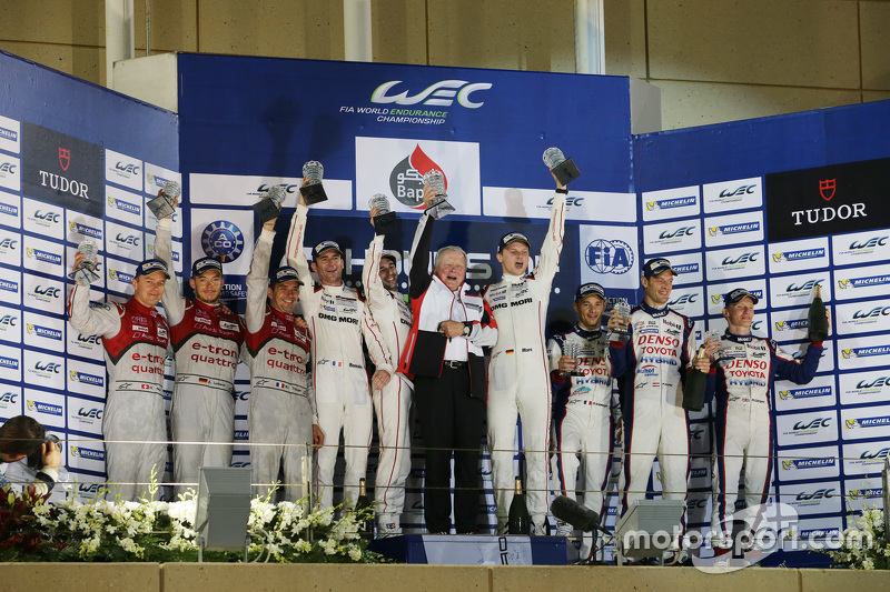 Podium: overall winners Romain Dumas, Neel Jani, Marc Lieb, Porsche Team, second place Marcel Fässle