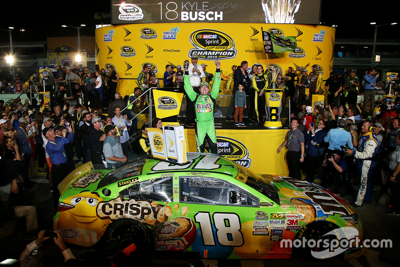 Championship Victory Lane: Race winner and 2015 NASCAR Sprint Cup Champion Kyle Busch, Joe Gibbs Rac