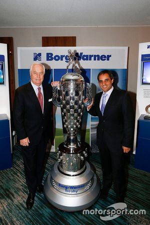 2015 Indy 500 winning owner Roger Penske and Winning Driver Juan Pablo Montoya with the Borg-Warner Trophy