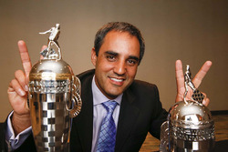 2015 Indy 500 winner Juan Pablo Montoya, Team Penske with baby Borg-Warner trophies