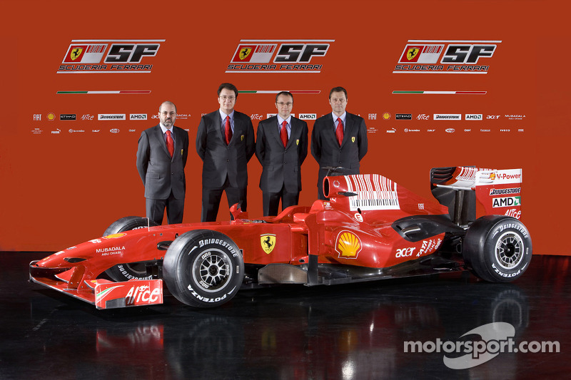 Head of engine department Gilles Simon, chief designer Nicholas Tombazis, team director Stefano Domenicali and chief designer Aldo Costa with the new Ferrari F60