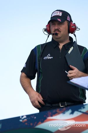 Tony Eury Jr., crew chief for Dale Earnhardt Jr., Hendrick Motorsports Chevrolet, watches practice from atop the hauler