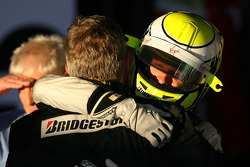 Jenson Button, Brawn GP, celebrates with Ross Brawn Brawn Grand Prix Team Principal