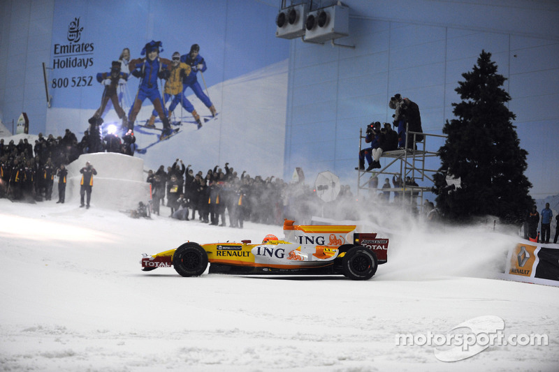 Nelson A. Piquet drives the Renault F1 R28 in the snow at Ski Dubai