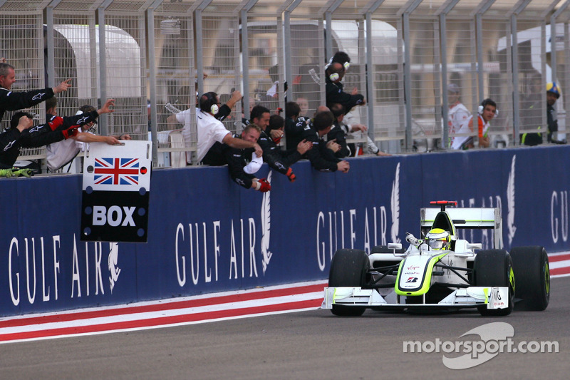 Race winner Jenson Button, Brawn GP celebrates