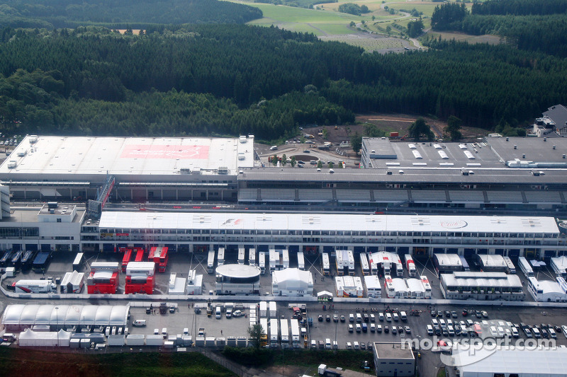 Aerial views of the Nurburgring and the new development and facilities around it and the F1 paddock