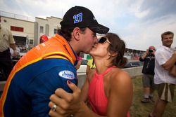 Race winner Andrew Ranger celebrates with his girlfriend