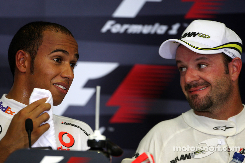 FIA press conference: pole winner Lewis Hamilton, McLaren Mercedes, third place Rubens Barrichello,