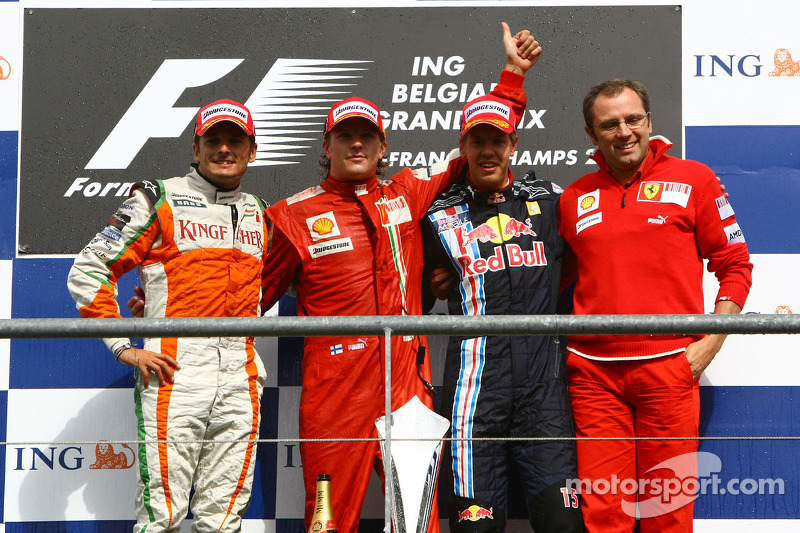l-r, 2nd, Giancarlo Fisichella, Force India F1 Team, 1st, Kimi Raikkonen, Scuderia Ferrari, 3rd, Sebastian Vettel, Red Bull Racing and Stefano Domenicali, Scuderia Ferrari, Sporting Director