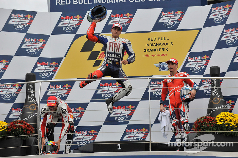 Podio: ganador de la carrera Jorge Lorenzo, Fiat Yamaha Team, segundo lugar Alex De Angelis, San Carlo Honda Gresini y tercer lugar Nicky Hayden, Ducati Marlboro Team