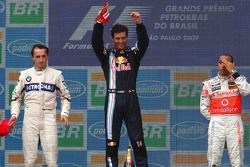 Podium: race winner Mark Webber, Red Bull Racing, second place Robert Kubica, BMW Sauber F1 Team, third place Lewis Hamilton, McLaren Mercedes