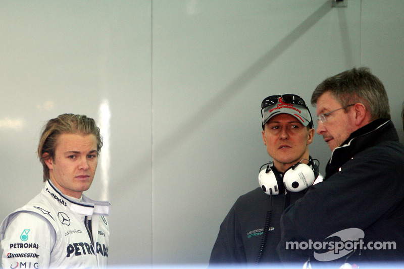 Nico Rosberg, Mercedes GP, Michael Schumacher, Mercedes GP, Ross Brawn director de equipo, Mercedes GP