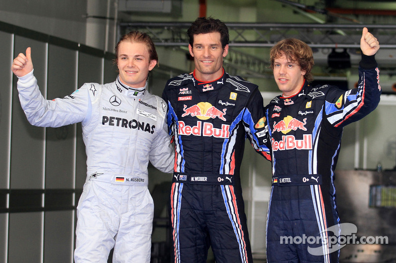 Pole winner Mark Webber, Red Bull Racing, second place Nico Rosberg, Mercedes GP, third place Sebast