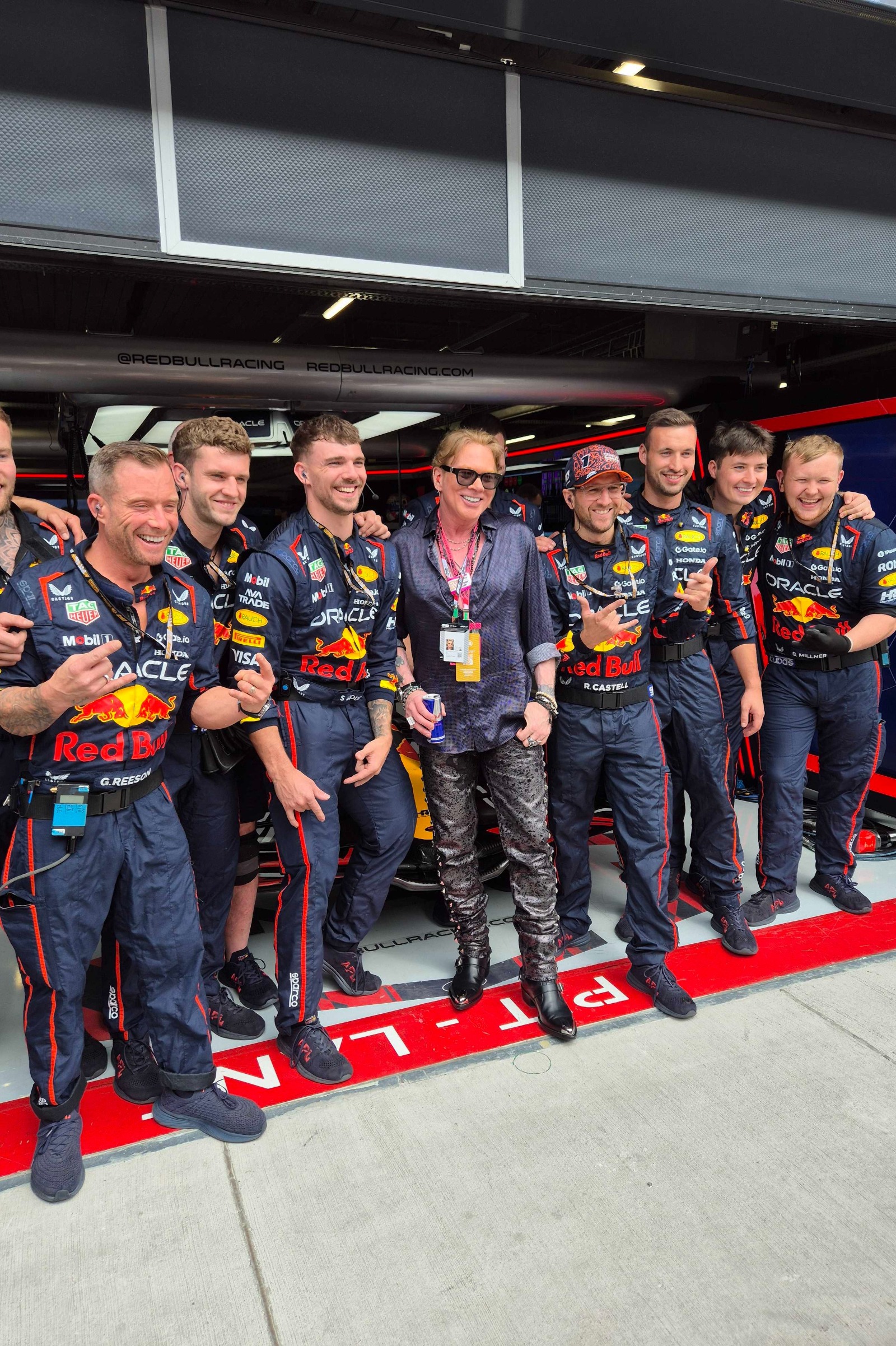 W. Axl Rose and the Red Bull pit crew