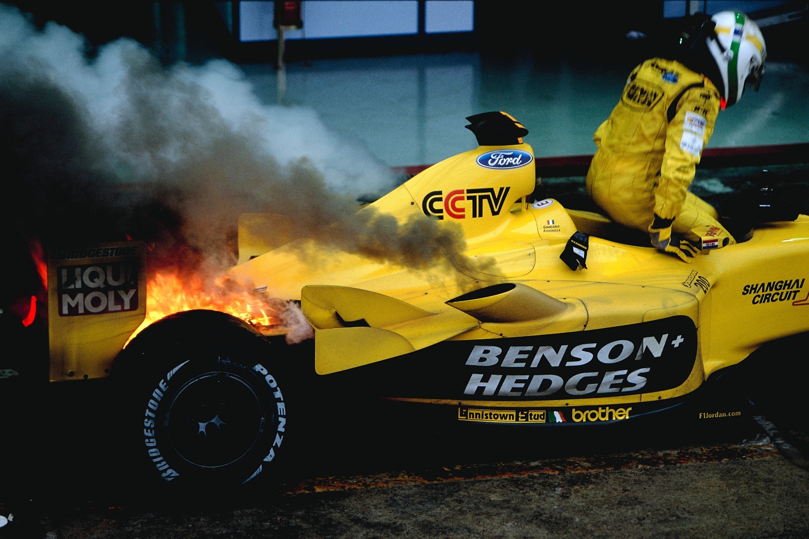 Fisichella's car overheated and caught fire in parc ferme after the 2003 Brazilian Grand Prix, though he was promoted from second place to victory after a post-race appeal
