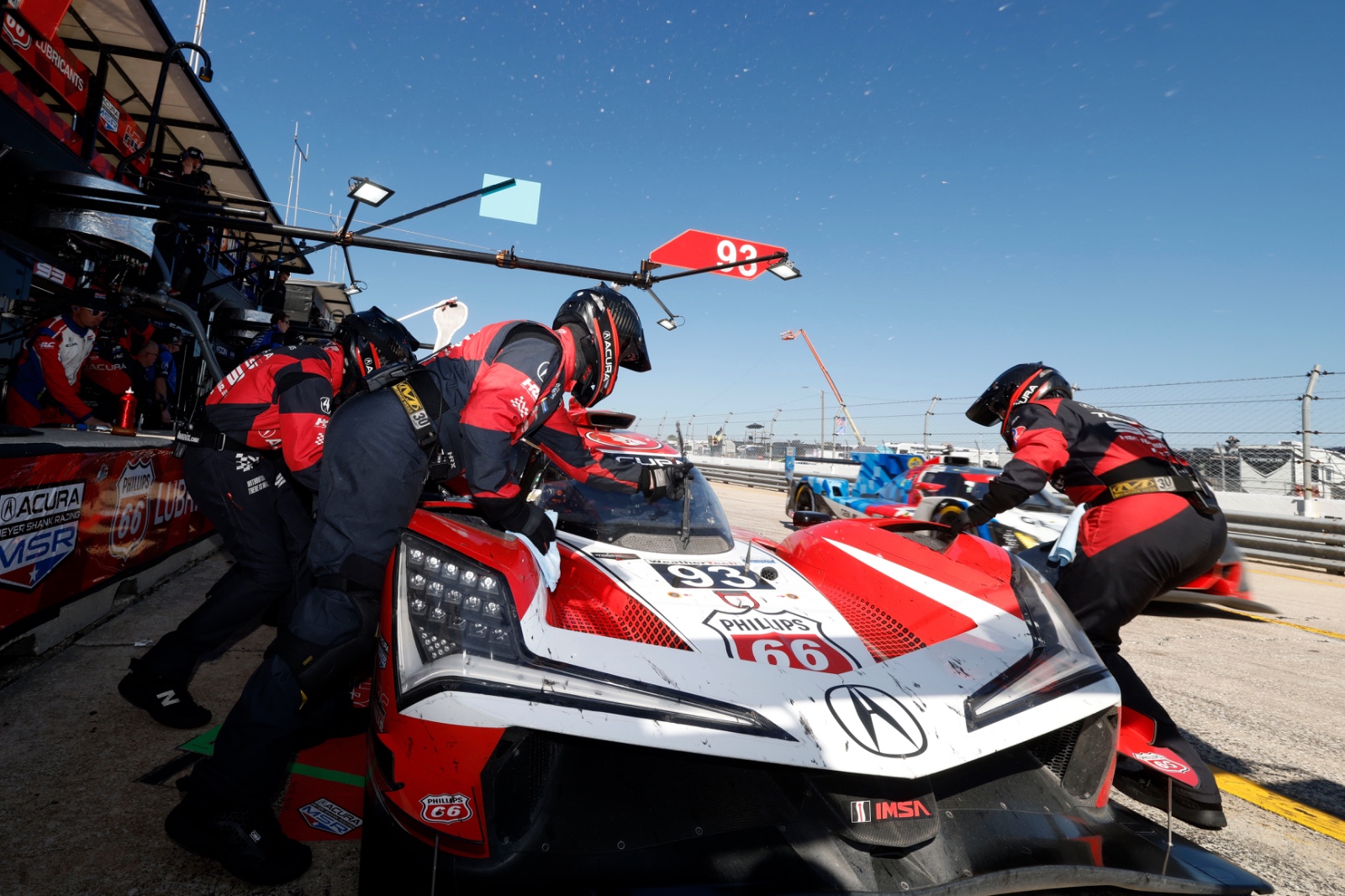#93: Acura Meyer Shank Racing w/Curb Agajanian, Acura ARX-06, GTP: Renger van der Zande, Nick Yelloly, Alex Palou, pit stop during the IMSA WeatherTech SportsCar Championship Mobil 1 Twelve Hours of Sebring at Sebring International Raceway on March 21, 2026 in Sebring, Florida.