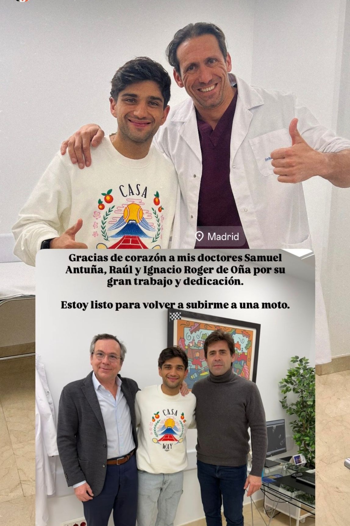 Martín publicó un post en sus redes agradeciendo el trabajo de los médicos