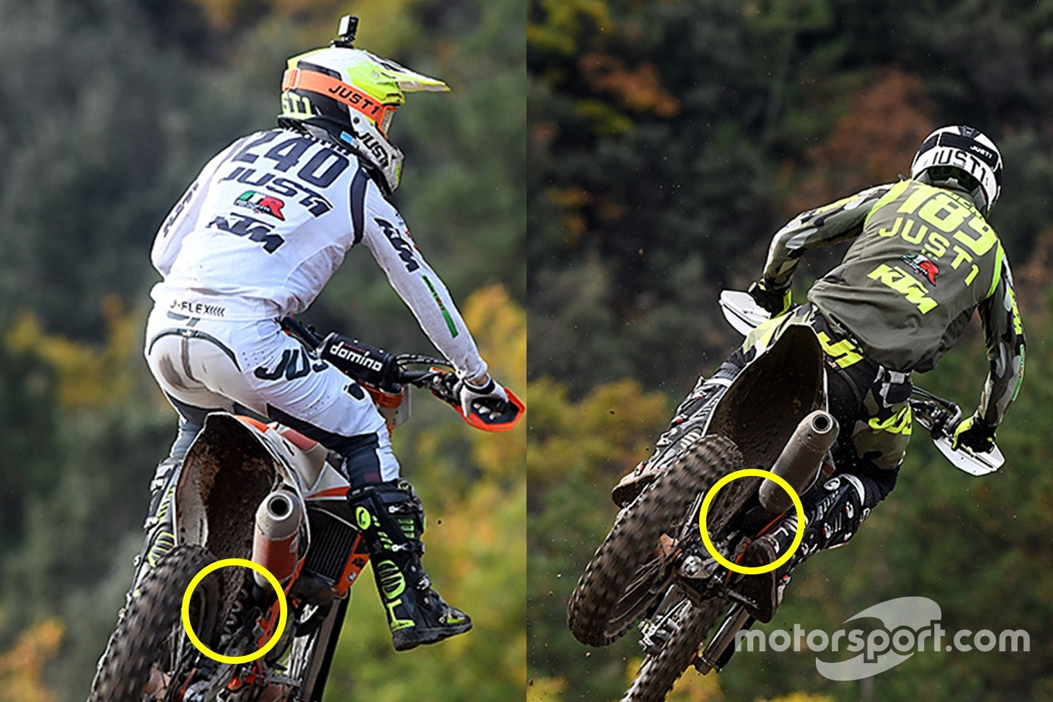 A la izquierda, el muelle de la suspensión es claramente visible en el compañero de equipo de Bogers y piloto de MX2 Kevin Horgmo, mientras que a la derecha, desde la misma perspectiva, no se ve ningún muelle. Eso indica el uso de la suspensión neumática.