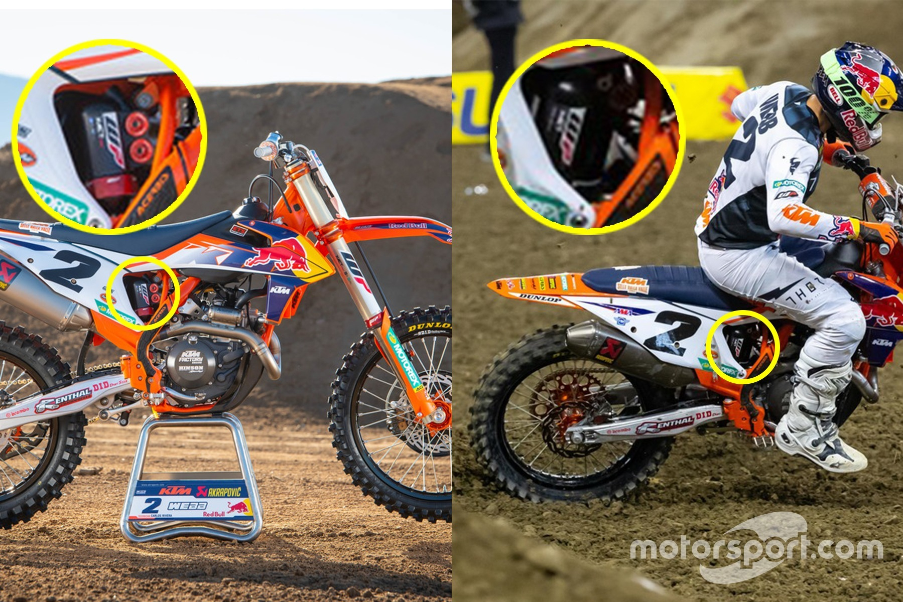 Twee keer dezelfde motor van Cooper Webb in beeld: links tijdens de officiële fotoshoot van KTM met conventionele veer (waarvan de spiraal ook onderaan het chassis te herkennen is) en rechts tijdens de Supercross-wedstrijd in Indianapolis, waar hij gebruik maakt van de luchtvering.