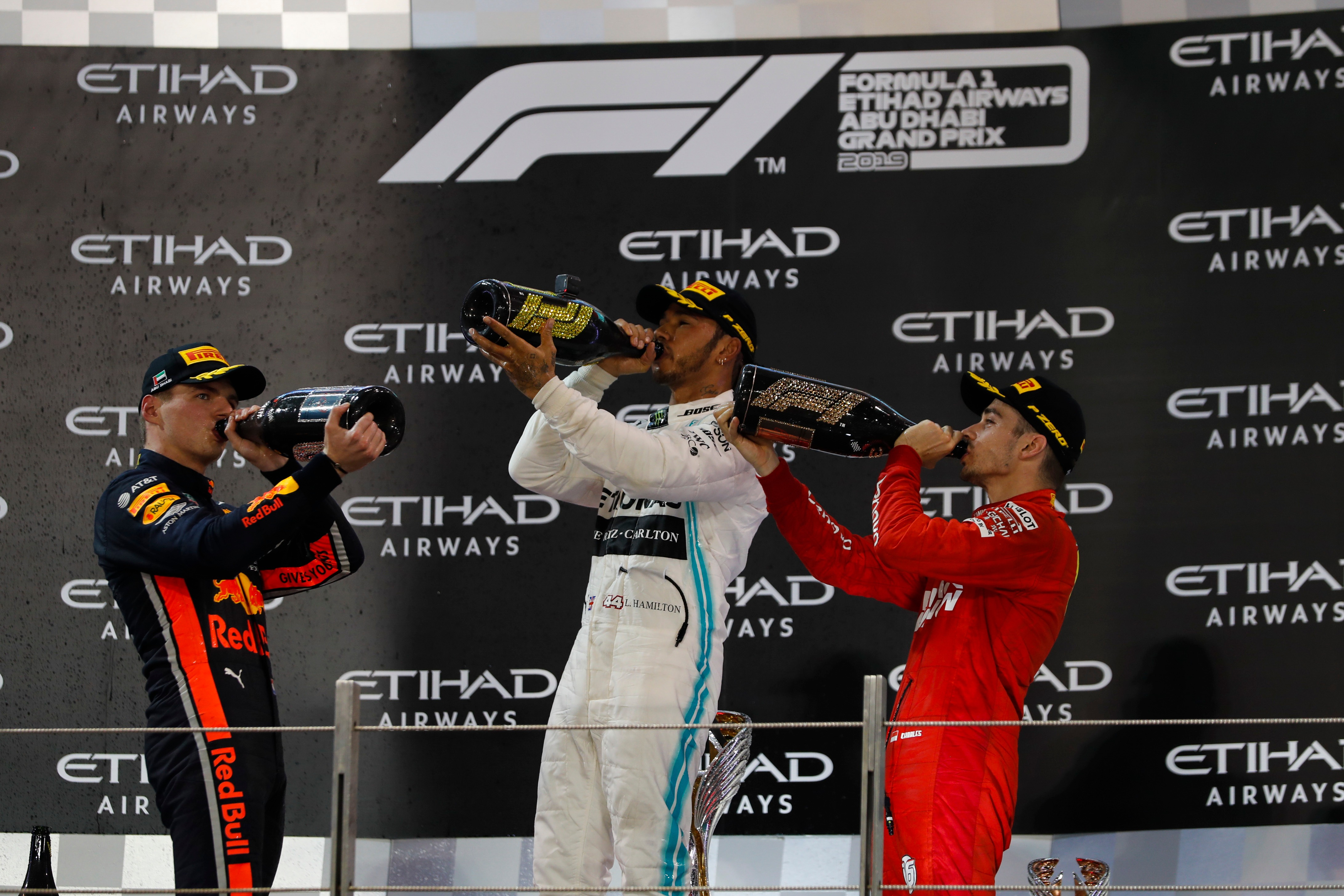 Max Verstappen, Lewis Hamilton, Charles Leclerc, 2019 Abu Dhabi GP