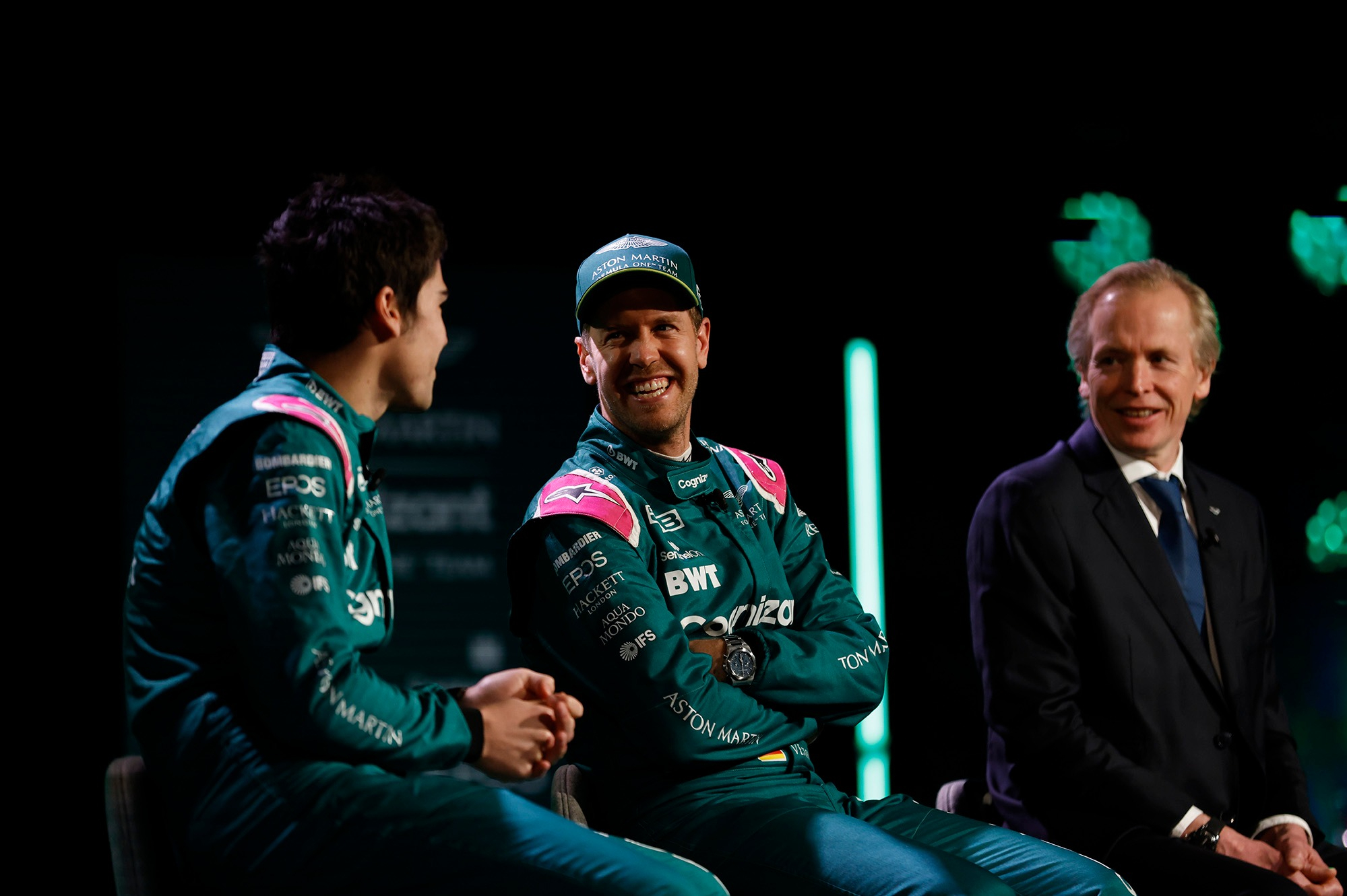 Lance Stroll, Sebastian Vettel and technical director Andy Green at the Aston Marton launch