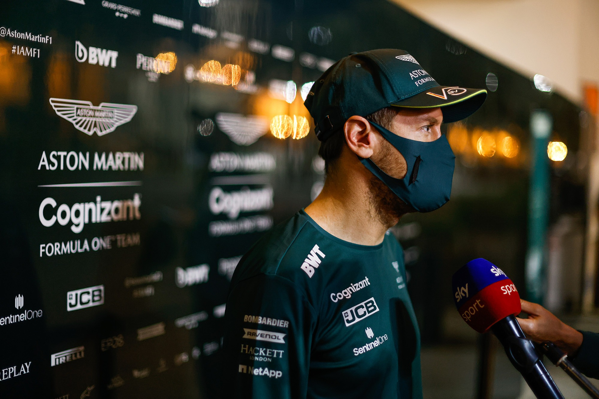 Sebastian Vettel talks to the media at the pre-season F1 test