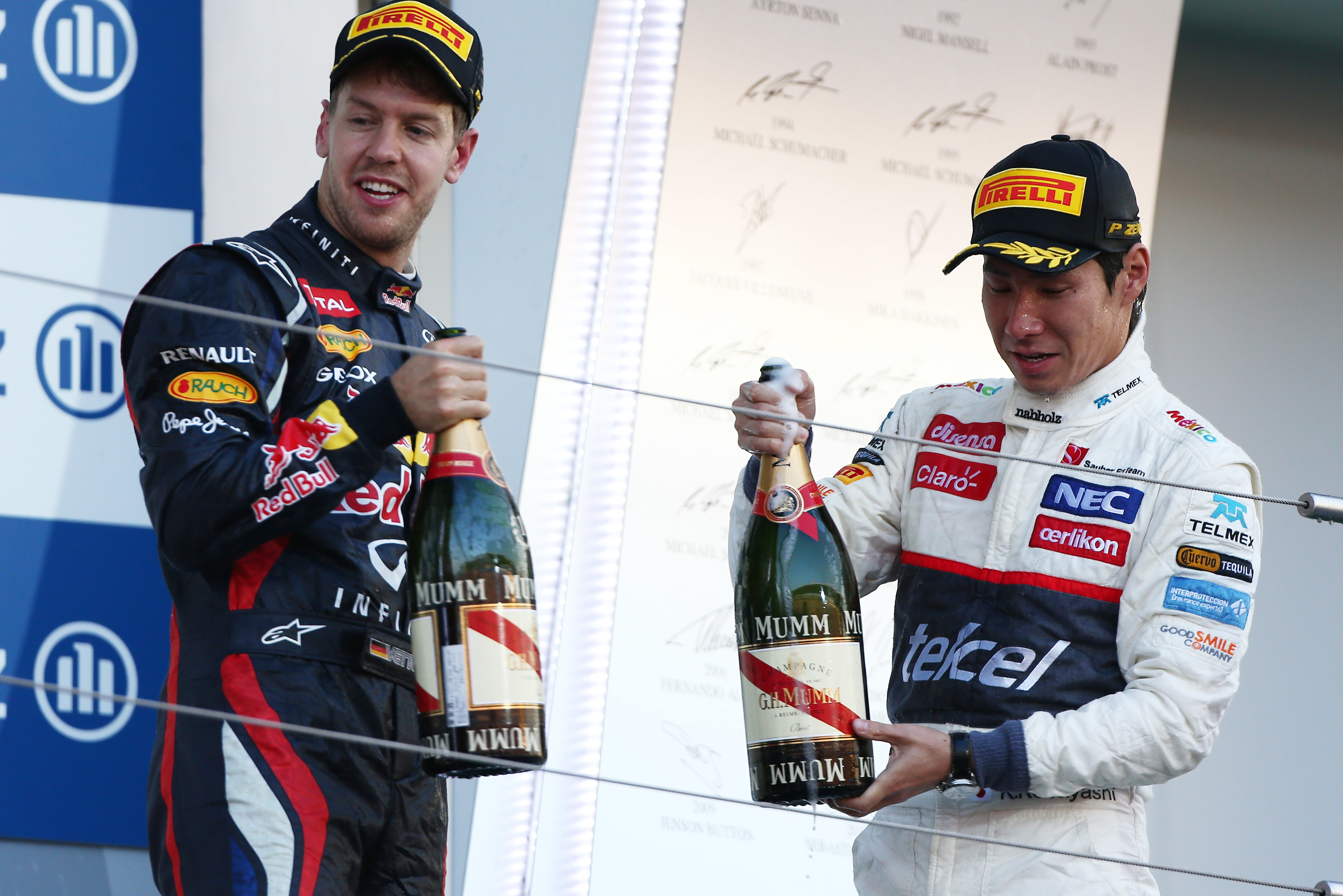 Sebastian Vettel, Kamui Kobayashi on the podium at the 2012 Japanese GP