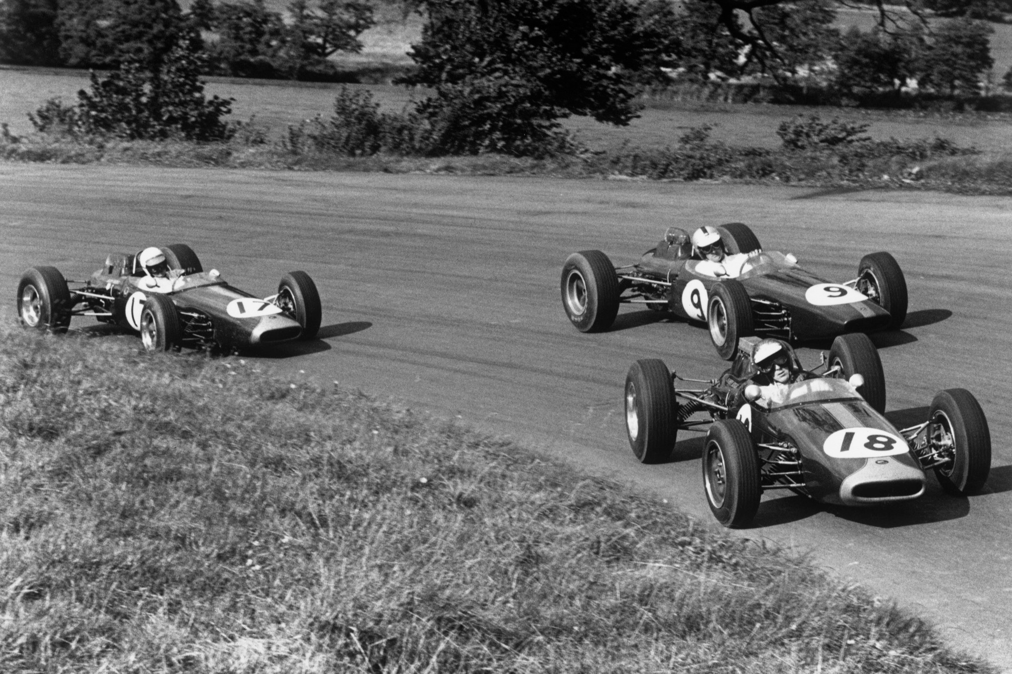 Jochen Rindt (Brabham BT16-Cosworth), Denny Hulme (Brabham BT16-Cosworth) and Alan Rees (Brabham BT16-Cosworth) battle
